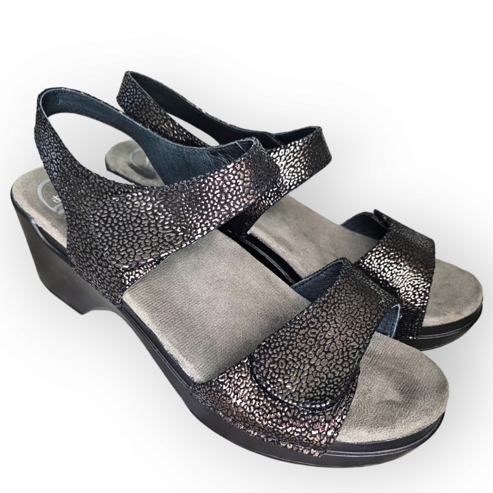 Dansko Sonnet Black Leopard Shimmer Leather Sandals Clogs EU Size 41